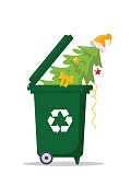 Christmas tree with garland and santa hat in a bin with a recycling sign. Post-holiday cleaning. Environmentally friendly, green holidays, reasonable consumption. For stickers, posters, postcards
