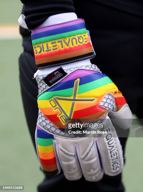 Detailed view of the goalkeepers gloves during the 'Kicken statt Gucken' football tournament on Human Rights Day at Friedrich-Ludwig-Jahn-Sportpark...