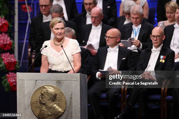 Professor Anna Wedell introduces the 2022 the Nobel Prize in Physiology or Medicine during the Nobel Prize Awards Ceremony at Stockholm Concert Hall...