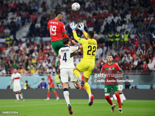 Youssef En-Nesyri of Morocco head to score the team's first goal during the FIFA World Cup Qatar 2022 quarter final match between Morocco and...