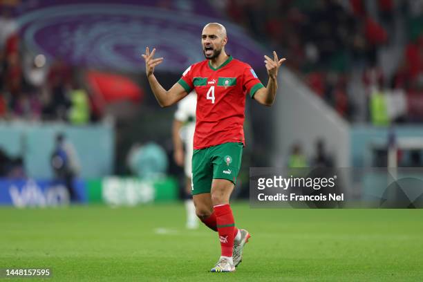 Sofyan Amrabat of Morocco reacts during the FIFA World Cup Qatar 2022 quarter final match between Morocco and Portugal at Al Thumama Stadium on...