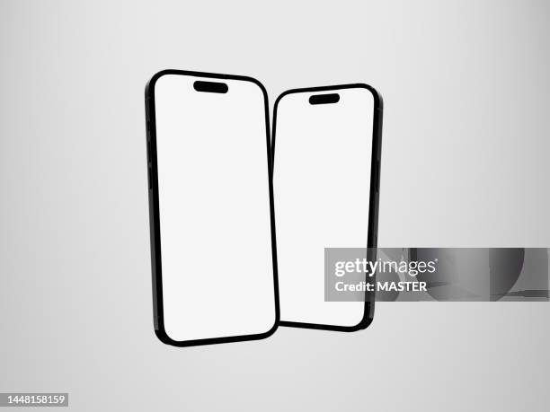 two mock up phones with white screens - dual fotografías e imágenes de stock