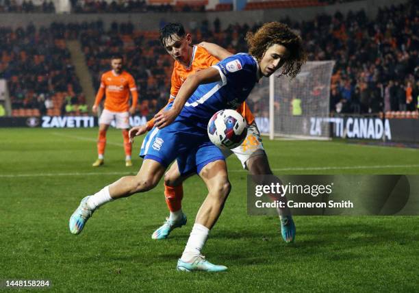 Hannibal Mejbri of Birmingham City is challenged by Charlie Patino of Blackpool during the Sky Bet Championship between Blackpool and Birmingham City...