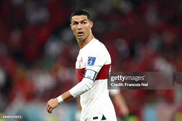 Cristiano Ronaldo of Portugal looks on during the FIFA World Cup Qatar 2022 quarter final match between Morocco and Portugal at Al Thumama Stadium on...