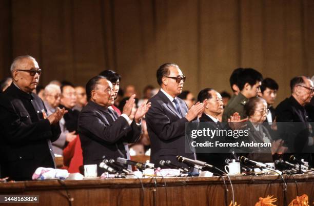 Chinese leaders Li Xiannian , Deng Xiaoping, Zhao Ziyang, Hu Yaobang and Deng Yingchao, 13th Party Congress, Great Hall of the People, Beijing,...