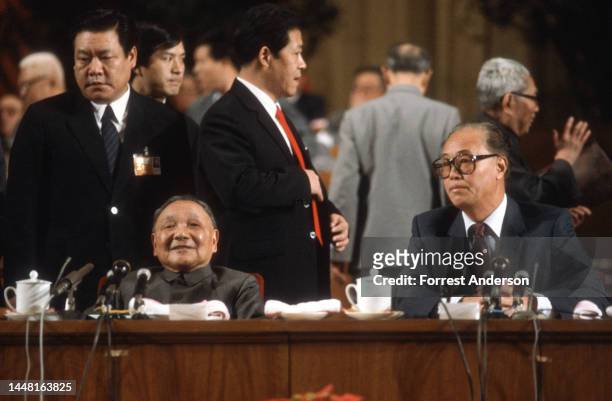 Chinese leader Deng Xiaoping and Premier Zhao Ziyang at the 13th Party Congress, Great Hall of the People, Beijing, China, November 1, 1987.