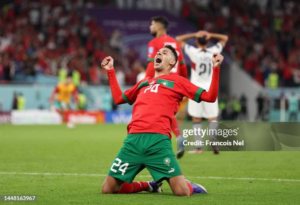 Badr Benoun of Morocco celebrates after the team's victory during the FIFA World Cup Qatar 2022 quarter final match between Morocco and Portugal at...