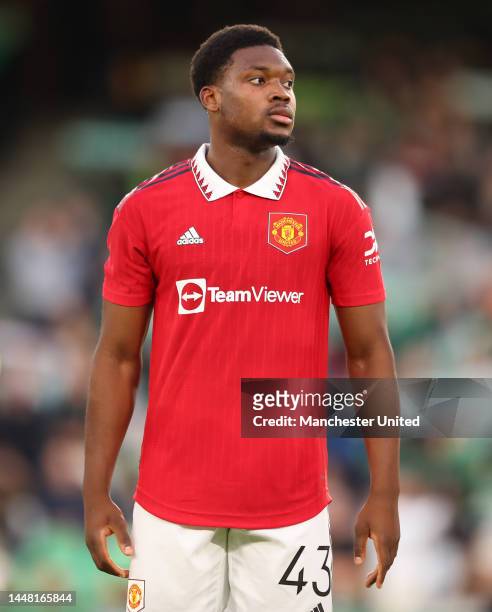 Teden Mengi of Manchester United in action during the friendly match between Real Betis and Manchester United at Estadio Benito Villamarin on...