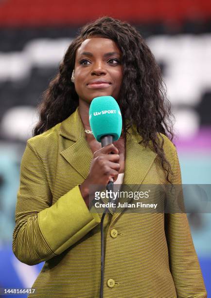 Eni Aluko of ITV Sport looks on prior to the FIFA World Cup Qatar 2022 quarter final match between England and France at Al Bayt Stadium on December...