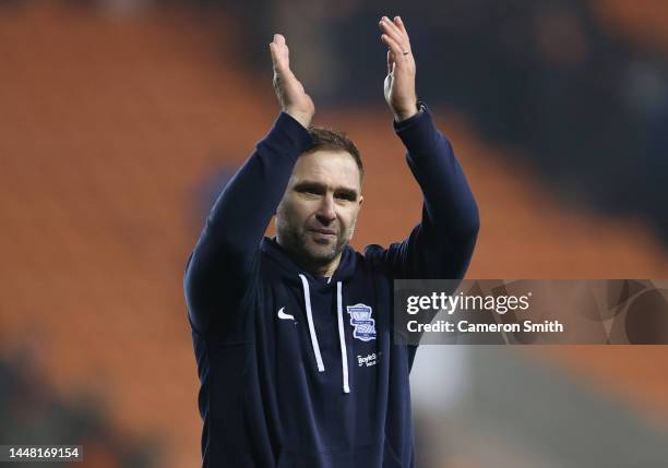 John Eustace, Manager of Birmingham City acknowledges the fans following the Sky Bet Championship between Blackpool and Birmingham City at Bloomfield...