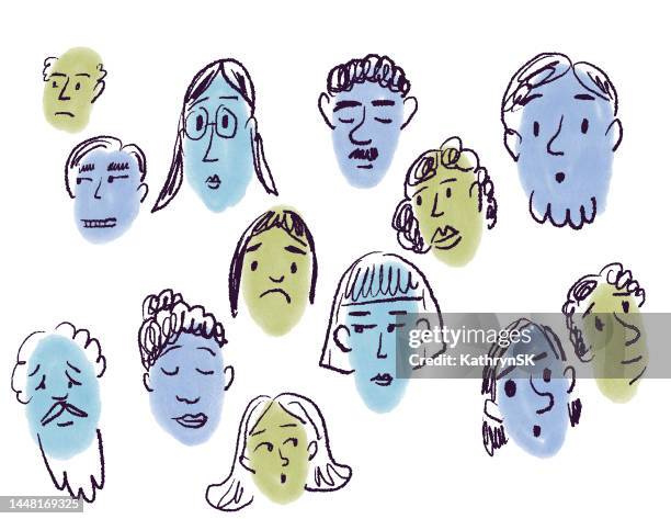 ilustrações, clipart, desenhos animados e ícones de desenho de rostos de pessoas em verde e azul - sad face drawing