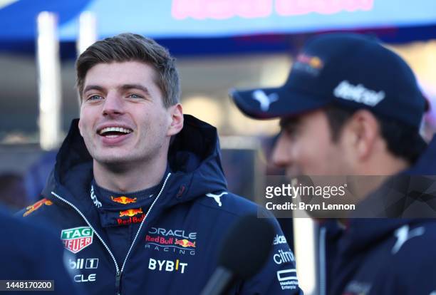 Max Verstappen of the Netherlands and Oracle Red Bull Racing , with Sergio Perez of Mexico and Oracle Red Bull Racing during the Oracle Red Bull...