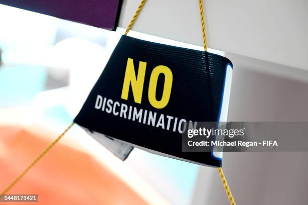 The No Discrimination captain's armband of Hugo Lloris of France is seen in the dressing room prior to the FIFA World Cup Qatar 2022 quarter final...