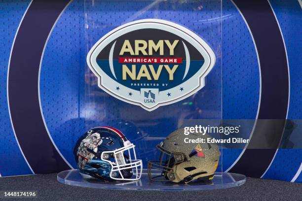 The Navy Midshipmen and Army Black Knights helmets prior to their game at Lincoln Financial Field on December 10, 2022 in Philadelphia, Pennsylvania.