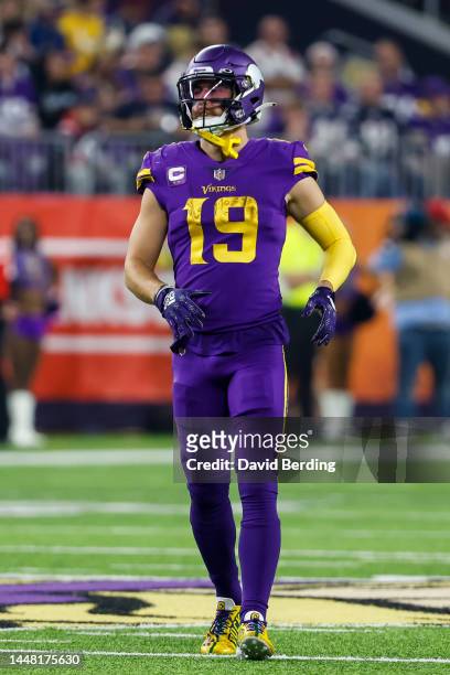 Adam Thielen of the Minnesota Vikings looks on against the New England Patriots in the second quarter of the game at U.S. Bank Stadium in...