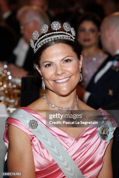 Crown Princess Victoria of Sweden attends the Nobel Prize Banquet 2022 at Stockholm City Hall on December 10, 2022 in Stockholm, Sweden.