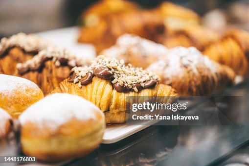 Fresh hot and gold French bakery on trays Fresh hot and gold French bakery on trays