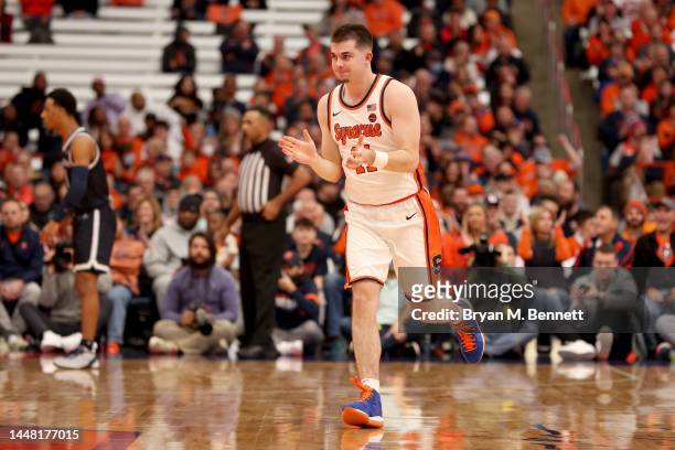 Joseph Girard III of the Syracuse Orange reacts during the first half against the Georgetown Hoyas at the JMA Wireless Dome on December 10, 2022 in...