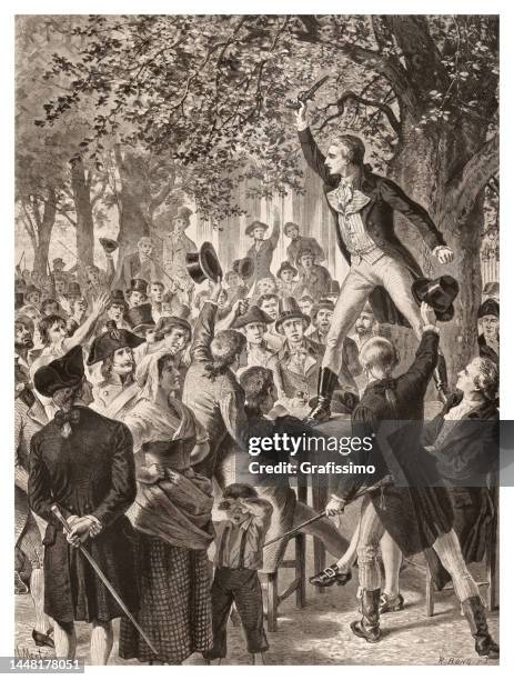 desmoulins calling the people to arms before the palais royal 1789 - politician speech stock illustrations