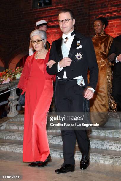 Prince Daniel of Sweden and Professor Annie Aspect attend the Nobel Prize Banquet 2022 at Stockholm City Hall on December 10, 2022 in Stockholm,...