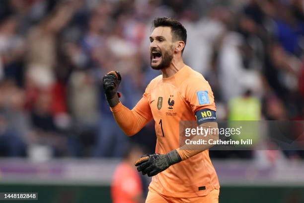 Hugo Lloris of France celebrates after their sides first goal during the FIFA World Cup Qatar 2022 quarter final match between England and France at...
