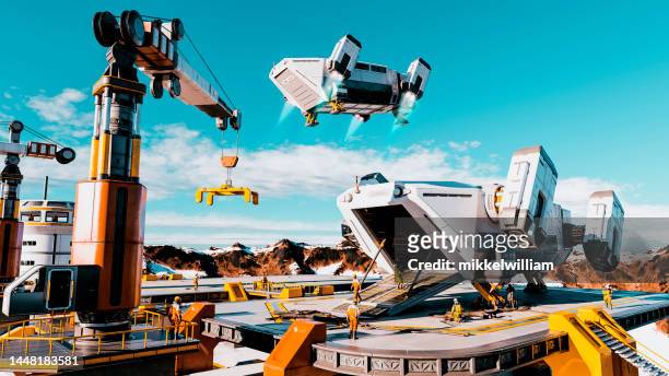 exploring the final frontier: futuristic space colonies and shuttles - rocket scientist stock pictures, royalty-free photos & images