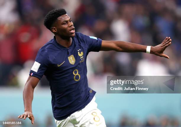 Aurelien Tchouameni of France celebrates after scoring the team's first goal during the FIFA World Cup Qatar 2022 quarter final match between England...