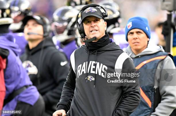 Head coach John Harbaugh of the Baltimore Ravens watches the game against the Denver Broncos at M&T Bank Stadium on December 04, 2022 in Baltimore,...