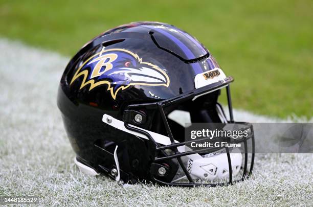 View of a Baltimore Ravens helmet before the game against the Denver Broncos at M&T Bank Stadium on December 04, 2022 in Baltimore, Maryland.