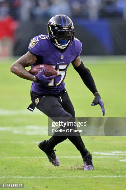 DeSean Jackson of the Baltimore Ravens runs with the ball against the Denver Broncos at M&T Bank Stadium on December 04, 2022 in Baltimore, Maryland.