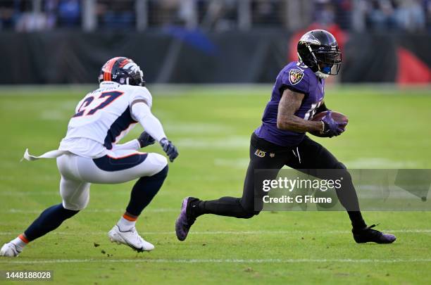 DeSean Jackson of the Baltimore Ravens runs with the ball against the Denver Broncos at M&T Bank Stadium on December 04, 2022 in Baltimore, Maryland.