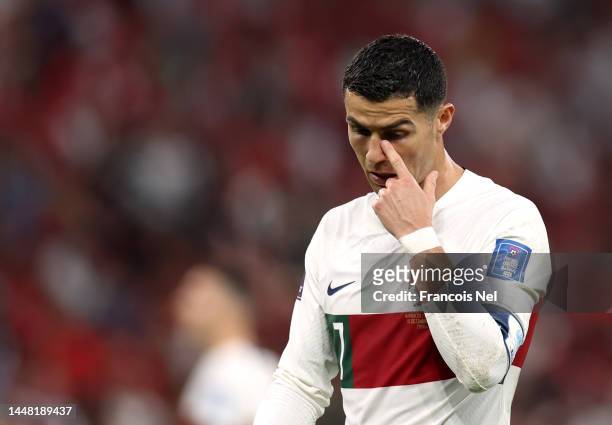 Cristiano Ronaldo of Portugal looks on during the FIFA World Cup Qatar 2022 quarter final match between Morocco/Spain and Portugal/Switzerland at Al...