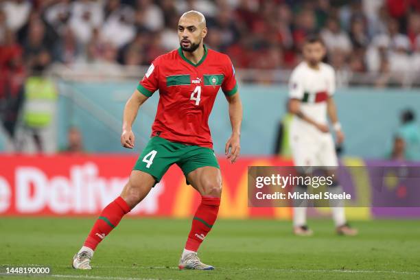 Sofyan Amrabat of Morocco during the FIFA World Cup Qatar 2022 quarter final match between Morocco and Portugal at Al Thumama Stadium on December 10,...