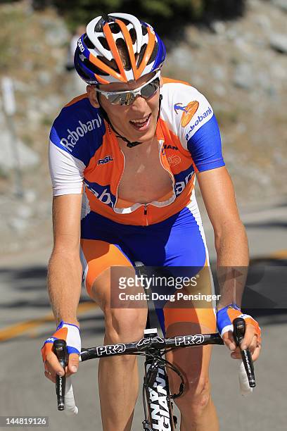 Robert Gesink of The Netherlands riding for Rabobank Cycling Team rides to victory in stage seven as he also earned the overall race leaders jersey...
