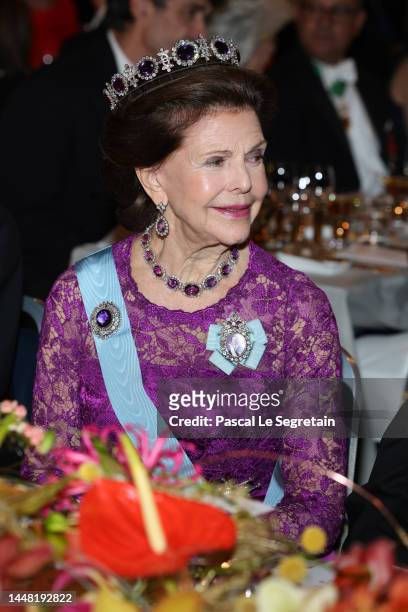 Queen Silvia of Sweden attends the Nobel Prize Banquet 2022 at Stockholm City Hall on December 10, 2022 in Stockholm, Sweden.