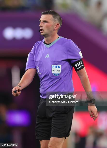 Referee Michael Oliver reacts during the FIFA World Cup Qatar 2022 quarter final match between Croatia and Brazil at Education City Stadium on...