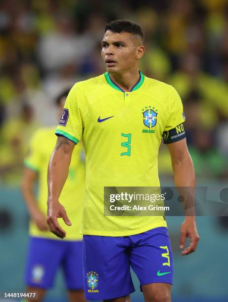Thiago Silva of Brazil reacts during the FIFA World Cup Qatar 2022 quarter final match between Croatia and Brazil at Education City Stadium on...