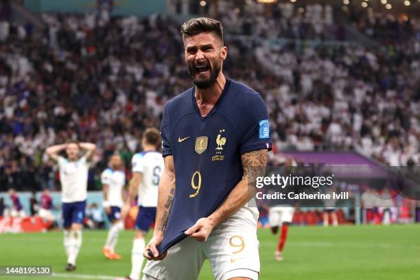 Olivier Giroud of France celebrates after scoring the team's second goal during the FIFA World Cup Qatar 2022 quarter final match between England and...