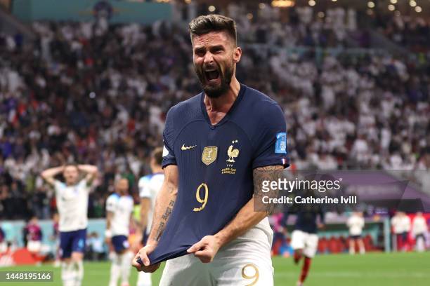 Olivier Giroud of France celebrates after scoring the team's second goal during the FIFA World Cup Qatar 2022 quarter final match between England and...