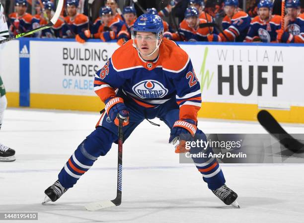 Mattias Janmark of the Edmonton Oilers skates during the game against the Minnesota Wild on December 9, 2022 at Rogers Place in Edmonton, Alberta,...