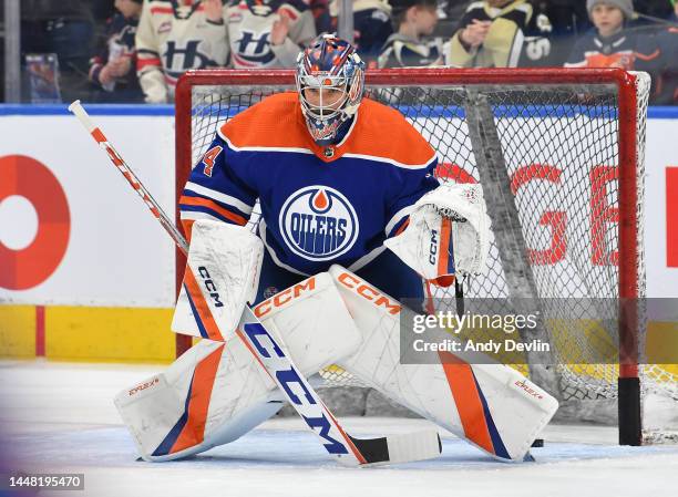 Stuart Skinner of the Edmonton Oilers participates in warm up before the game against the Minnesota Wild on December 9, 2022 at Rogers Place in...