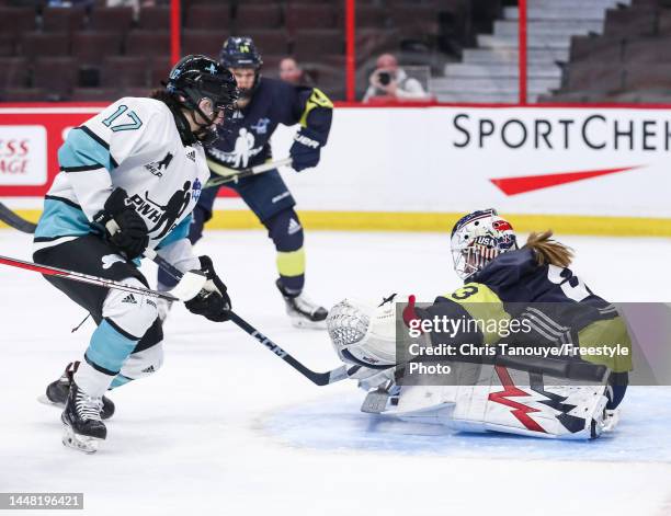 Aerin Frankel of Team Adidas makes a save against Samantha Cogan of Team Sonnet during the first period at Canadian Tire Centre on December 10, 2022...