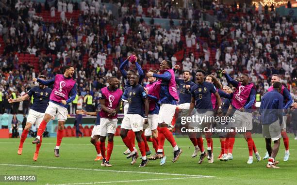 France players celebrate after the 2-1 win during the FIFA World Cup Qatar 2022 quarter final match between England and France at Al Bayt Stadium on...