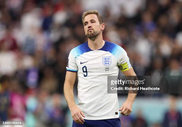 Harry Kane of England reacts during the FIFA World Cup Qatar 2022 quarter final match between England and France at Al Bayt Stadium on December 10,...