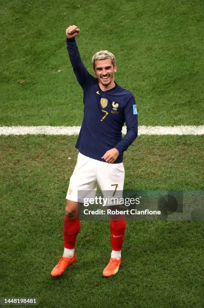 Antoine Griezmann of France celebrates the team's 2-1 victory in the FIFA World Cup Qatar 2022 quarter final match between England and France at Al...