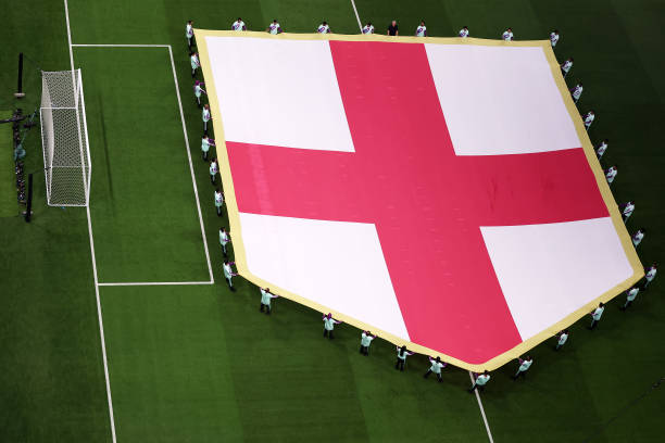 Giant England flag is displayed prior to the FIFA World Cup Qatar 2022 quarter final match between England and France at Al Bayt Stadium on December...