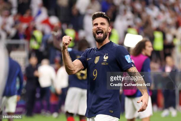 Olivier Giroud of France celebrates after the 2-1 win during the FIFA World Cup Qatar 2022 quarter final match between England and France at Al Bayt...