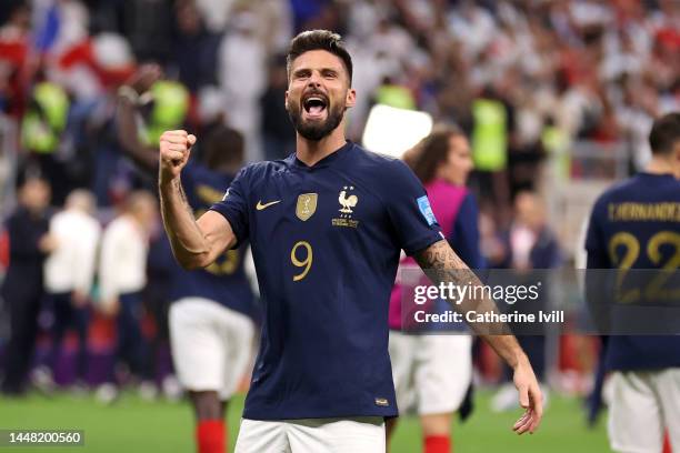 Olivier Giroud of France celebrates after the 2-1 win during the FIFA World Cup Qatar 2022 quarter final match between England and France at Al Bayt...