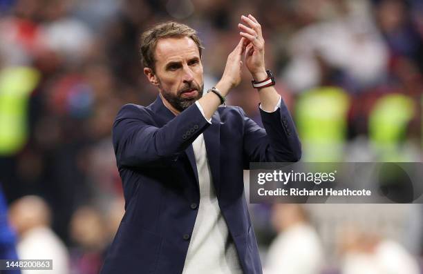 Gareth Southgate, Head Coach of England, applauds fans after the 1-2 loss during the FIFA World Cup Qatar 2022 quarter final match between England...