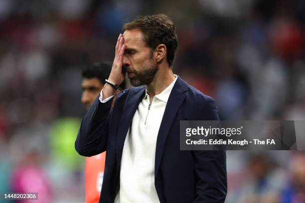Gareth Southgate, Head Coach of England, reacts during the FIFA World Cup Qatar 2022 quarter final match between England and France at Al Bayt...